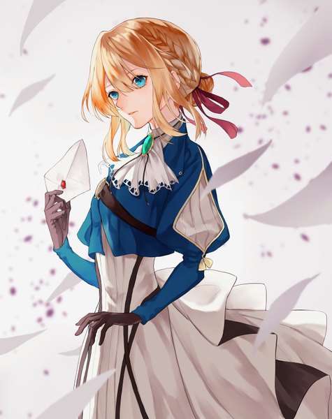 Anime picture 2600x3284 with violet evergarden kyoto animation violet evergarden (character) yokuni (yokunill001121) single long hair tall image fringe highres blue eyes blonde hair hair between eyes payot looking away wind hair bun (hair buns) girl dress gloves ribbon (ribbons)