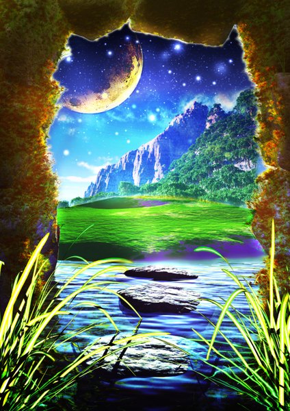 Anime picture 1060x1500 with original y-k tall image sky cloud (clouds) no people fantasy rock 3d plant (plants) tree (trees) water star (stars) grass forest stone (stones) planet