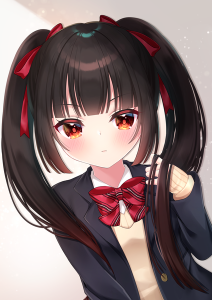 Anime picture 1414x2000 with original mirai (happy-floral) single long hair tall image looking at viewer blush fringe black hair red eyes twintails payot upper body adjusting hair twintails day girl uniform ribbon (ribbons) hair ribbon school uniform