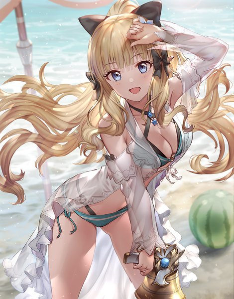 Anime picture 783x1000 with princess connect! re:dive princess connect! saren (princess connect!) 77gl single long hair tall image looking at viewer blush fringe breasts open mouth blue eyes light erotic blonde hair smile standing holding payot cleavage