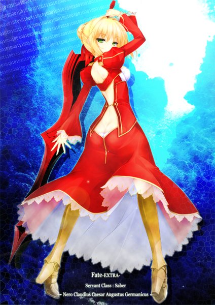 Anime picture 1700x2405 with fate (series) fate/extra type-moon artoria pendragon (all) saber nero claudius (fate) (all) nero claudius (fate) itaya saaya single tall image short hair blonde hair green eyes looking back inscription girl dress weapon thigh boots red dress