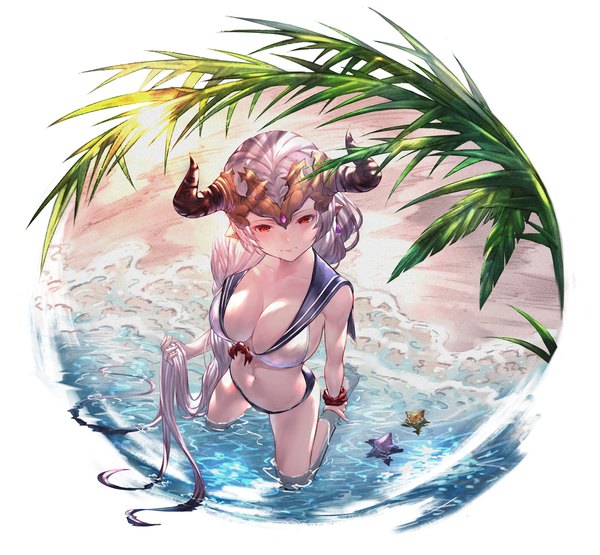 Anime picture 1500x1387 with granblue fantasy aliza (granblue fantasy) yu pian single looking at viewer blush breasts light erotic red eyes large breasts white background silver hair full body very long hair horn (horns) from above shadow kneeling partially submerged holding hair