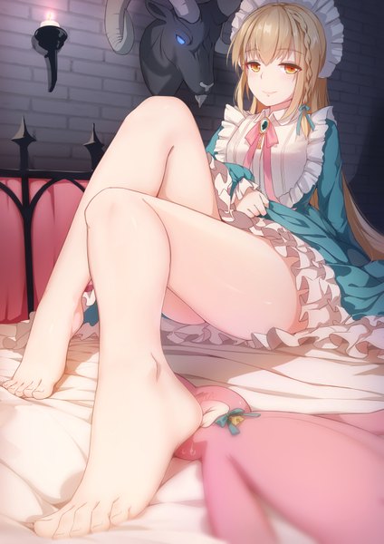 Anime picture 1240x1754 with virtual youtuber xiao ren single long hair tall image looking at viewer blush fringe light erotic blonde hair smile hair between eyes sitting payot full body bent knee (knees) indoors braid (braids) barefoot bare legs