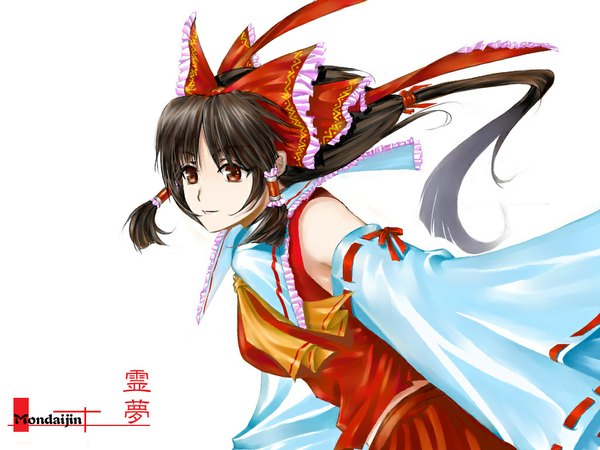Anime picture 1024x768 with touhou hakurei reimu tagme (artist) single long hair simple background red eyes brown hair white background looking away low ponytail girl skirt bow hair bow detached sleeves skirt set hair tubes ascot