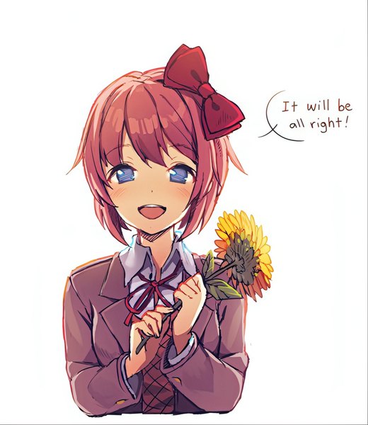 Anime picture 1000x1154 with doki doki literature club sayori (doki doki literature club) satchely single tall image looking at viewer blush fringe short hair open mouth blue eyes simple background smile brown hair white background holding upper body long sleeves :d official art