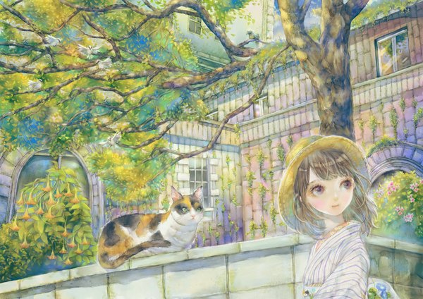Anime picture 1000x707 with yogisya single fringe short hair brown hair looking away sky outdoors looking back girl flower (flowers) plant (plants) hat animal tree (trees) window building (buildings) cat wall