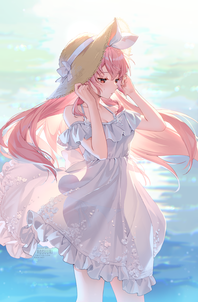 Anime picture 1200x1829 with virtual youtuber atelier live pinku (vtuber) rosuuri single long hair tall image blush fringe light erotic red eyes standing bare shoulders signed looking away pink hair outdoors wind sunlight arms up