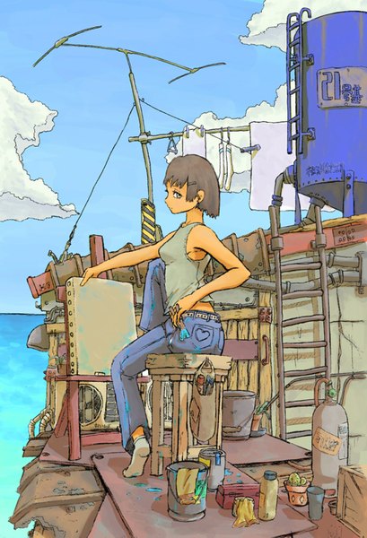 Anime picture 1005x1473 with inukoko (artist) single tall image short hair bare shoulders cloud (clouds) grey eyes horizon drawing girl hair ornament water socks heart hairclip jeans paintbrush art brush ladder easel
