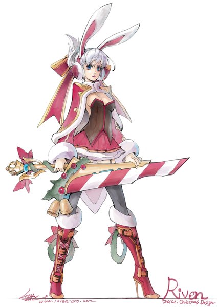 Anime picture 1200x1697 with league of legends riven (league of legends) loiza single tall image looking at viewer short hair blue eyes simple background white background animal ears silver hair bunny ears christmas merry christmas girl thighhighs weapon black thighhighs sword