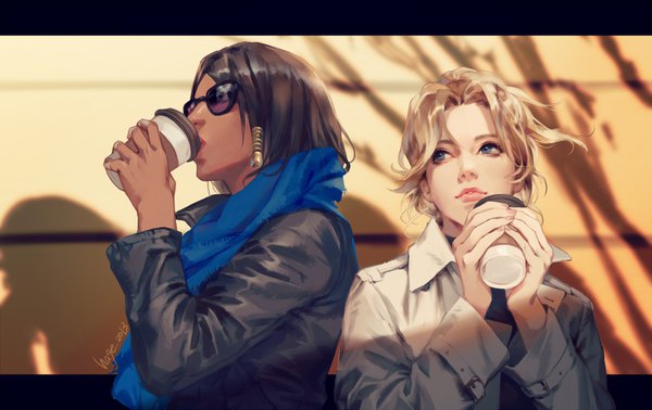 Anime picture 1600x1008 with overwatch blizzard entertainment mercy (overwatch) pharah (overwatch) hage2013 short hair blue eyes blonde hair brown hair multiple girls holding signed payot looking away upper body nail polish lips blurry realistic open clothes