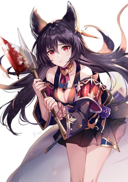 Anime picture 744x1052 with granblue fantasy ilsa (granblue fantasy) aki663 single long hair tall image looking at viewer blush fringe breasts black hair simple background hair between eyes red eyes standing white background bare shoulders holding animal ears cleavage