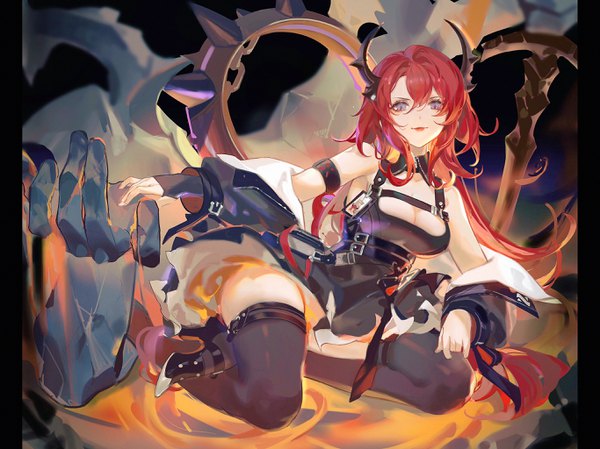 Anime picture 2732x2048 with arknights surtr (arknights) samo (shichun samo) single long hair looking at viewer fringe highres breasts light erotic hair between eyes large breasts cleavage red hair horn (horns) grey eyes girl thighhighs black thighhighs hand