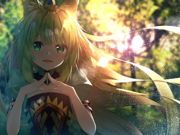 Anime picture 2700x2025 with fate (series) fate/grand order fate/apocrypha atalanta (fate) suisen-21 single long hair looking at viewer blush fringe highres open mouth blonde hair green eyes animal ears payot upper body ahoge outdoors blunt bangs