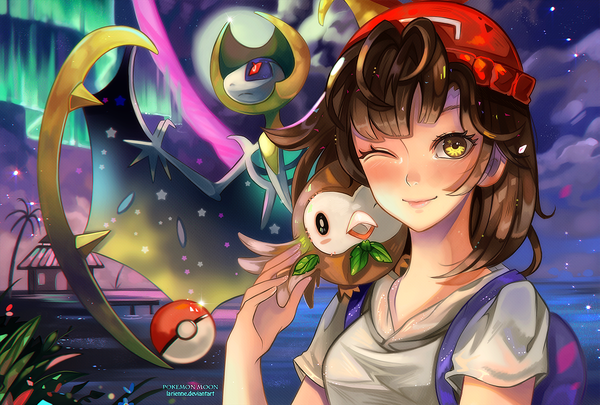 Anime-Bild 1500x1014 mit pokemon pokemon sm nintendo selene (pokemon) rowlet lunala larienne single looking at viewer blush fringe short hair smile brown hair signed yellow eyes sky cloud (clouds) upper body one eye closed