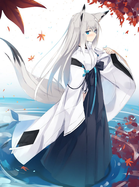 Anime picture 744x1000 with azur lane kawakaze (azur lane) nagishiro mito single long hair tall image looking at viewer blush fringe blue eyes hair between eyes standing animal ears payot tail traditional clothes japanese clothes animal tail grey hair wide sleeves