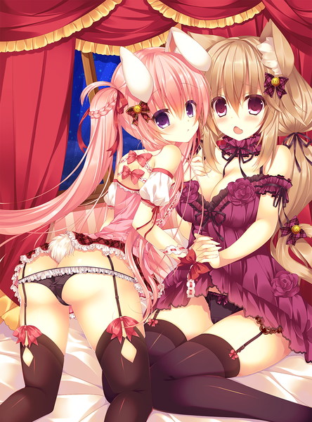 Anime picture 1000x1350 with original lilia chocolanne aoki kaede suzunone rena long hair tall image blush breasts open mouth light erotic blonde hair red eyes purple eyes twintails animal ears pink hair bunny ears bunny girl girl thighhighs