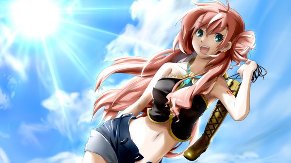 Anime picture 1920x1080 with vocaloid megurine luka florence (artist) single long hair highres open mouth blue eyes wide image pink hair cloud (clouds) midriff girl navel shorts boots sun