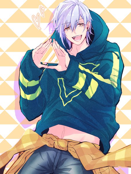 Anime picture 908x1200 with a3! ikaruga misumi murasakino single tall image looking at viewer fringe short hair open mouth hair between eyes yellow eyes silver hair bare belly piercing ear piercing clothes around waist boy hood hoodie