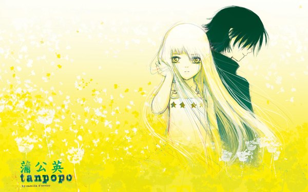 Anime picture 1440x900 with camilladerrico long hair short hair black hair simple background wide image yellow eyes white hair inscription girl boy