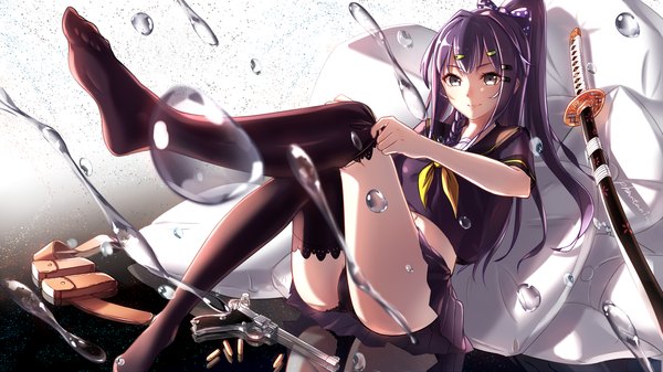 Anime picture 1777x1000 with benghuai xueyuan honkai (series) raiden mei phantania single long hair looking at viewer highres light erotic wide image sitting purple eyes signed purple hair ponytail pleated skirt light smile pantyshot no shoes reflection