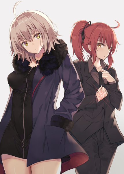Anime picture 1036x1450 with fate (series) fate/grand order fate/apocrypha jeanne d'arc (fate) (all) jeanne d'arc alter (fate) fujimaru ritsuka (female) kanikou tall image looking at viewer simple background brown hair standing multiple girls brown eyes yellow eyes payot ahoge ponytail head tilt profile
