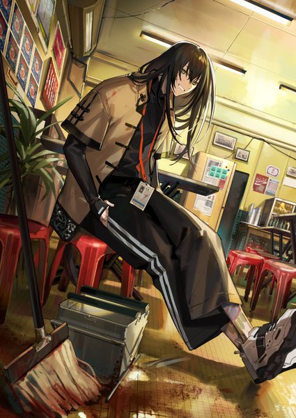 Anime picture 752x1062 with fate (series) fate/grand order yan qing (fate) itefu single long hair tall image looking at viewer fringe black hair smile hair between eyes sitting yellow eyes full body indoors traditional clothes tattoo grin chinese clothes