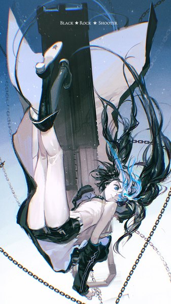 Anime picture 1063x1890 with black rock shooter black rock shooter (character) rumoon single long hair tall image blue eyes light erotic black hair twintails looking away full body copyright name glowing glowing eye (eyes) girl shorts short shorts chain knee boots
