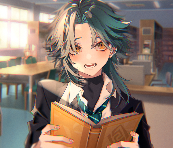 Anime picture 2254x1934 with genshin impact xiao (genshin impact) mimonome single blush highres short hair open mouth yellow eyes upper body indoors fingernails blurry alternate costume dark hair boy necktie book (books) turtleneck library