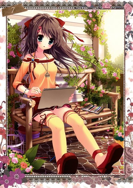 Anime picture 2481x3500 with prismatic world (artbook) shiramori yuse single long hair tall image looking at viewer blush highres blue eyes black hair sitting scan girl thighhighs dress flower (flowers) bow hair bow shoes pendant