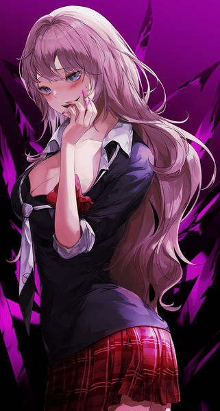Anime picture 1966x3678 with dangan ronpa enoshima junko danah single tall image blush fringe highres breasts open mouth blue eyes light erotic smile large breasts standing pink hair cleavage long sleeves very long hair nail polish