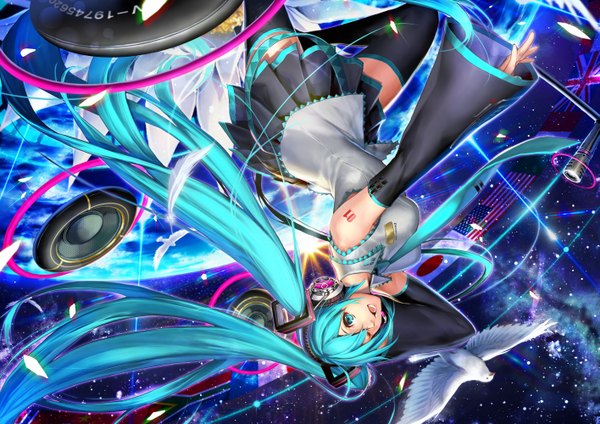 Anime picture 2829x2000 with vocaloid hatsune miku momosuke single highres open mouth twintails bare shoulders very long hair one eye closed aqua eyes wink aqua hair girl thighhighs skirt hair ornament black thighhighs detached sleeves miniskirt