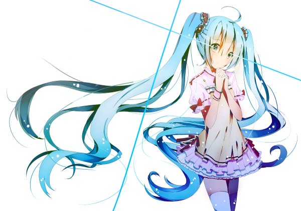 Anime picture 1200x845 with vocaloid hatsune miku asuku (artist) single looking at viewer blush simple background standing white background twintails ahoge very long hair aqua eyes aqua hair zettai ryouiki girl thighhighs dress skirt bow