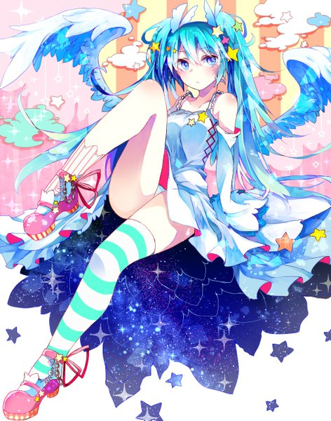 Anime picture 1012x1286 with vocaloid hatsune miku hoshino kisora single long hair tall image looking at viewer blush light erotic twintails bare shoulders aqua eyes aqua hair arm support pantyshot pantyshot sitting angel wings starry sky print space print girl