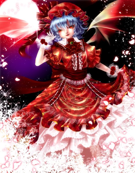 Anime picture 2756x3541 with touhou remilia scarlet chirarizushi single tall image looking at viewer highres short hair red eyes blue hair girl dress bow petals wings frills moon bonnet