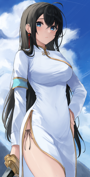 Anime picture 2000x3900 with original nao (okt8538) single long hair tall image looking at viewer blush fringe highres blue eyes light erotic black hair hair between eyes standing holding sky cloud (clouds) ahoge outdoors long sleeves