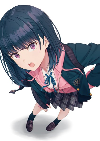 Anime picture 851x1200 with original hyuuga azuri single long hair tall image looking at viewer fringe open mouth black hair simple background standing white background purple eyes full body blunt bangs long sleeves pleated skirt from above open clothes leaning
