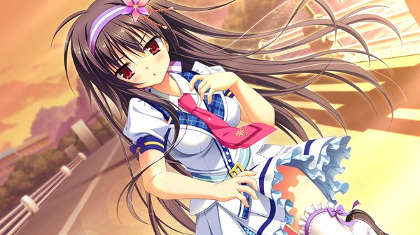 Anime picture 1280x720 with karumaruka circle amagase natsuki moribe (rabumanyo) long hair black hair red eyes wide image game cg girl thighhighs uniform hair ornament school uniform white thighhighs necktie hairband