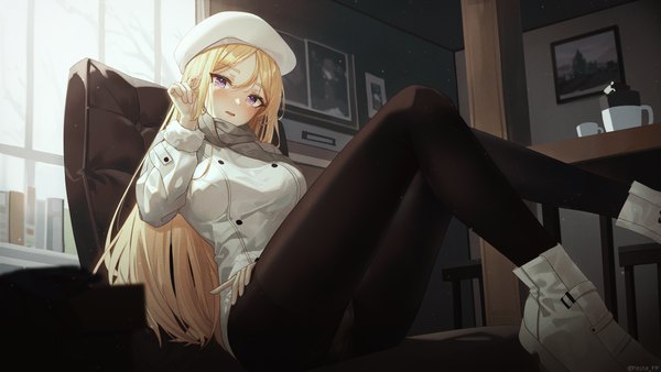 Anime picture 3840x2160 with original pasta (sanyan) single long hair looking at viewer blush fringe highres open mouth light erotic blonde hair hair between eyes wide image sitting purple eyes signed absurdres bent knee (knees) indoors long sleeves
