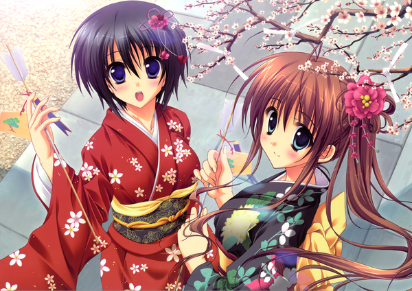 Anime picture 4827x3417 with akane iro ni somaru saka nagase minato katagiri yuuhi ryohka long hair looking at viewer blush highres short hair open mouth blue eyes smile brown hair multiple girls absurdres japanese clothes hair flower cherry blossoms spring girl