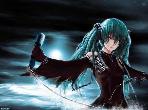 Anime picture 1527x1136 with vocaloid hatsune miku k.n.f. single long hair fringe twintails aqua eyes aqua hair mountain girl gloves microphone wire (wires)