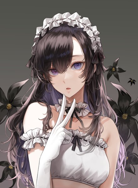 Anime picture 2480x3372 with original kim eb single long hair tall image looking at viewer fringe highres open mouth blue eyes black hair simple background hair between eyes purple eyes bare shoulders upper body grey background mole mole under eye heterochromia