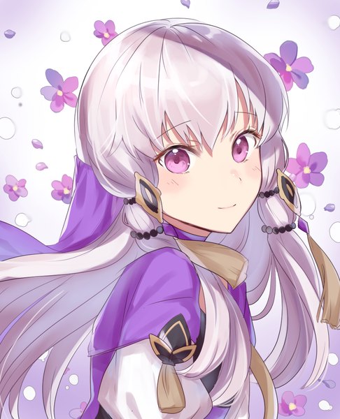 Anime picture 1000x1235 with fire emblem fire emblem: three houses nintendo lysithea von ordelia haru (nakajou-28) single long hair tall image looking at viewer blush fringe simple background smile purple eyes payot silver hair upper body gradient background turning head girl