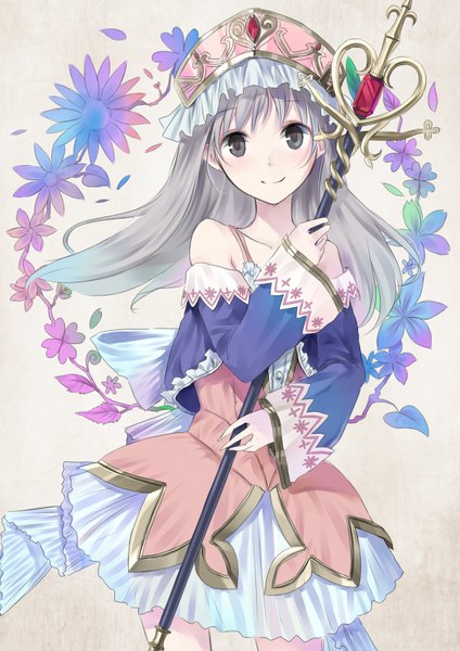 Anime picture 1200x1696 with maigoyaki single long hair tall image silver hair grey eyes girl dress flower (flowers) detached sleeves staff