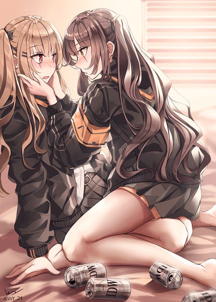 Anime picture 1000x1399 with girls frontline ump45 (girls frontline) ump9 (girls frontline) vvy long hair tall image blush fringe open mouth light erotic hair between eyes brown hair sitting multiple girls brown eyes signed indoors profile pleated skirt twitter username