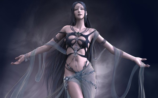 Anime picture 1920x1200 with shaiya etaine kim hyung-jun single highres breasts light erotic black hair wide image brown eyes very long hair lips realistic midriff dark background 3d girl navel bracelet chain