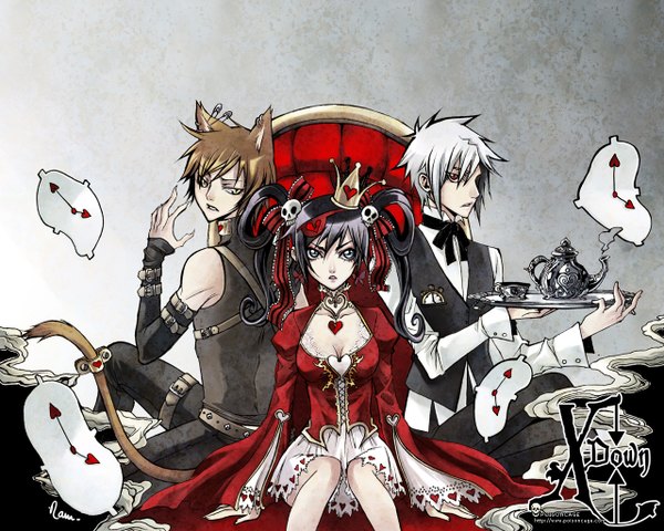 Anime picture 1280x1024 with x-down alice (x-down) lapin blanc (x-down) lechat (x-down) rannsama blue eyes black hair red eyes brown hair sitting twintails signed animal ears yellow eyes silver hair grey hair cat ears inscription grey background multiple boys