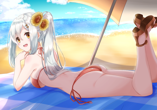 Anime picture 2000x1412 with original fukemachi single long hair looking at viewer blush fringe highres breasts open mouth light erotic smile bare shoulders brown eyes payot sky silver hair cloud (clouds) bent knee (knees) outdoors