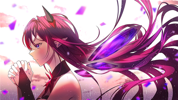 Anime picture 1800x1013 with virtual youtuber hololive hololive english irys (hololive) ggatip single fringe highres hair between eyes wide image purple eyes looking away upper body red hair very long hair profile horn (horns) wind pointy ears official art