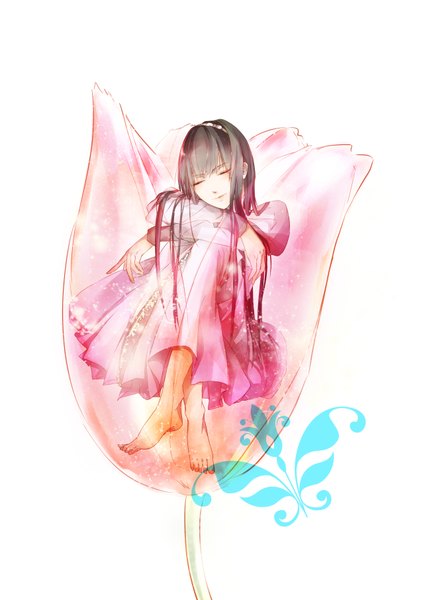 Anime picture 2590x3624 with clock zero idea factory kurou nadeshiko tomonori (pixiv 825655) single long hair tall image highres simple background brown hair white background sitting eyes closed barefoot crossed legs crossed arms girl dress hair ornament flower (flowers)