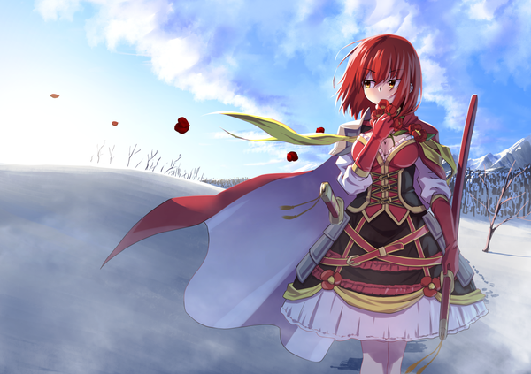 Anime picture 1290x911 with flower knight girl tsubaki (flower knight girl) mizunashi (second run) single fringe short hair hair between eyes yellow eyes looking away sky cloud (clouds) outdoors red hair wind winter girl gloves flower (flowers) weapon petals